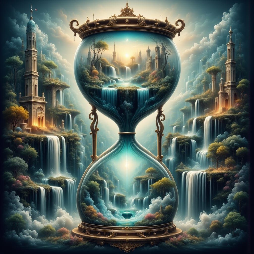Surreal Fantasy Landscape Within an Hourglass of Flowing Wat...