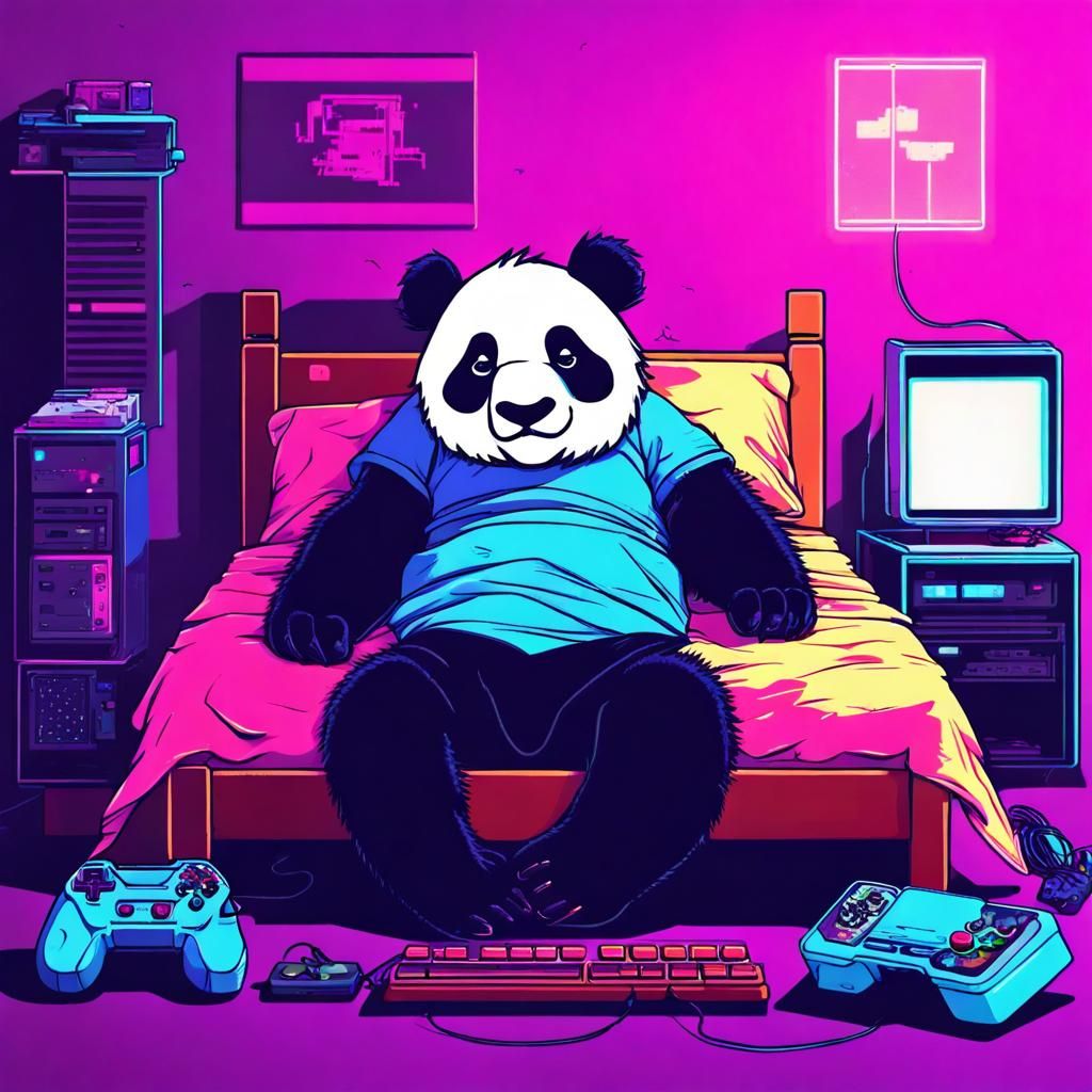 8-bit Panda Gaming in Retro Synthwave Room