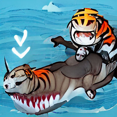 Tiger Riding a Shark Through the Ocean