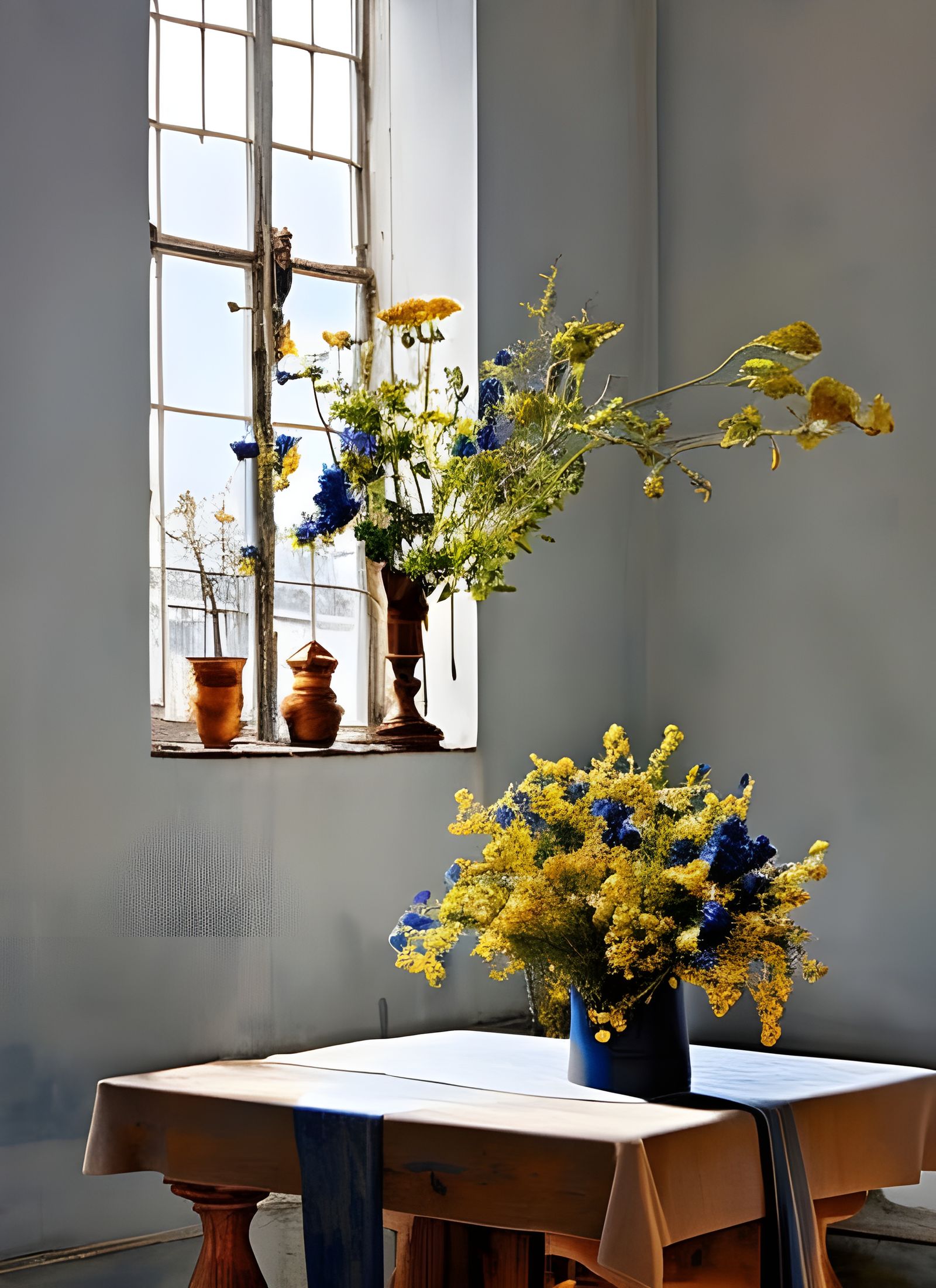 Hyperrealist Flowers on Butcher Table, Vermeer and Pollock S...