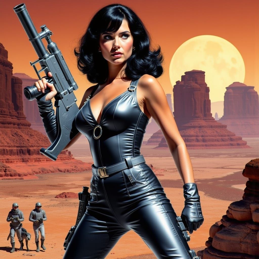 Glamorous Space Explorer in Retro-Futuristic Canyon