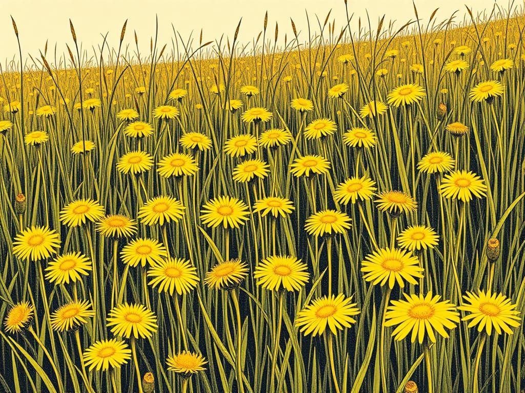 Golden Dandelions in a Woodcut-Inspired Meadow Scene