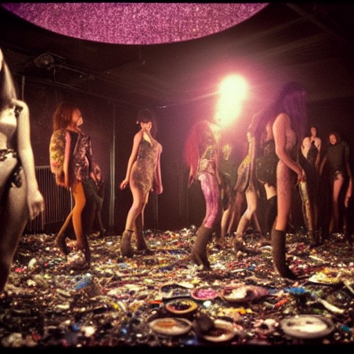 Dystopian Punk Nightclub with Trash Art, Gloomy Lights