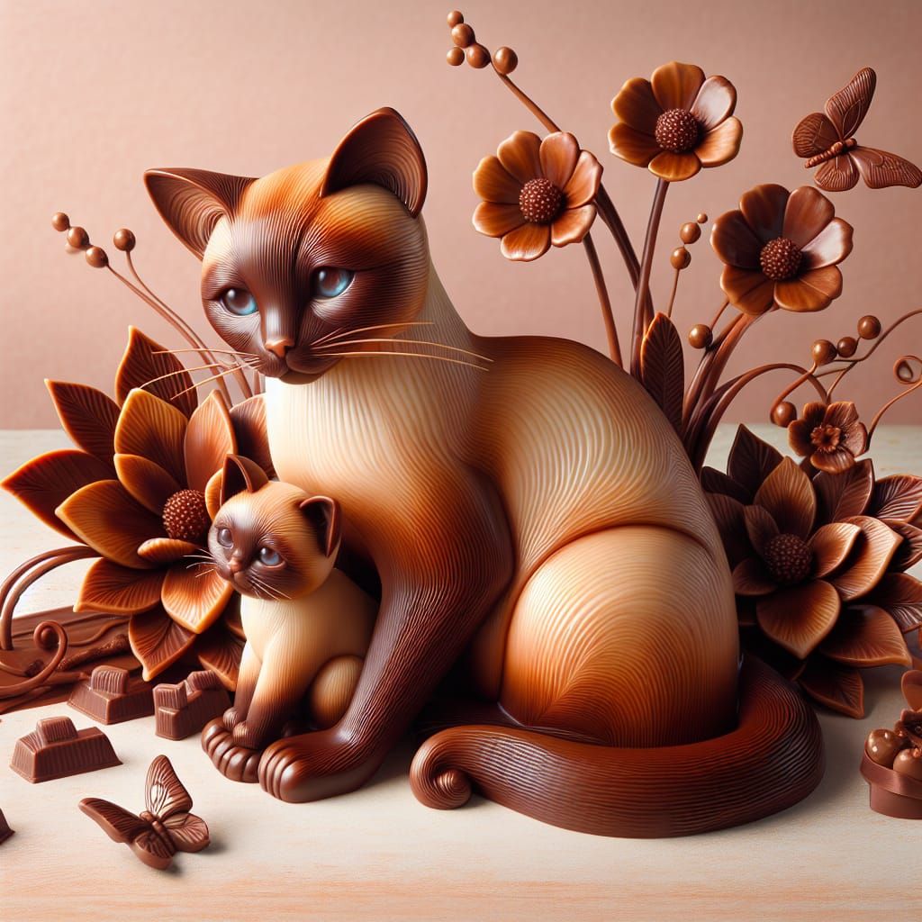Chocolate Siamese Cat and Kitten Sculpture
