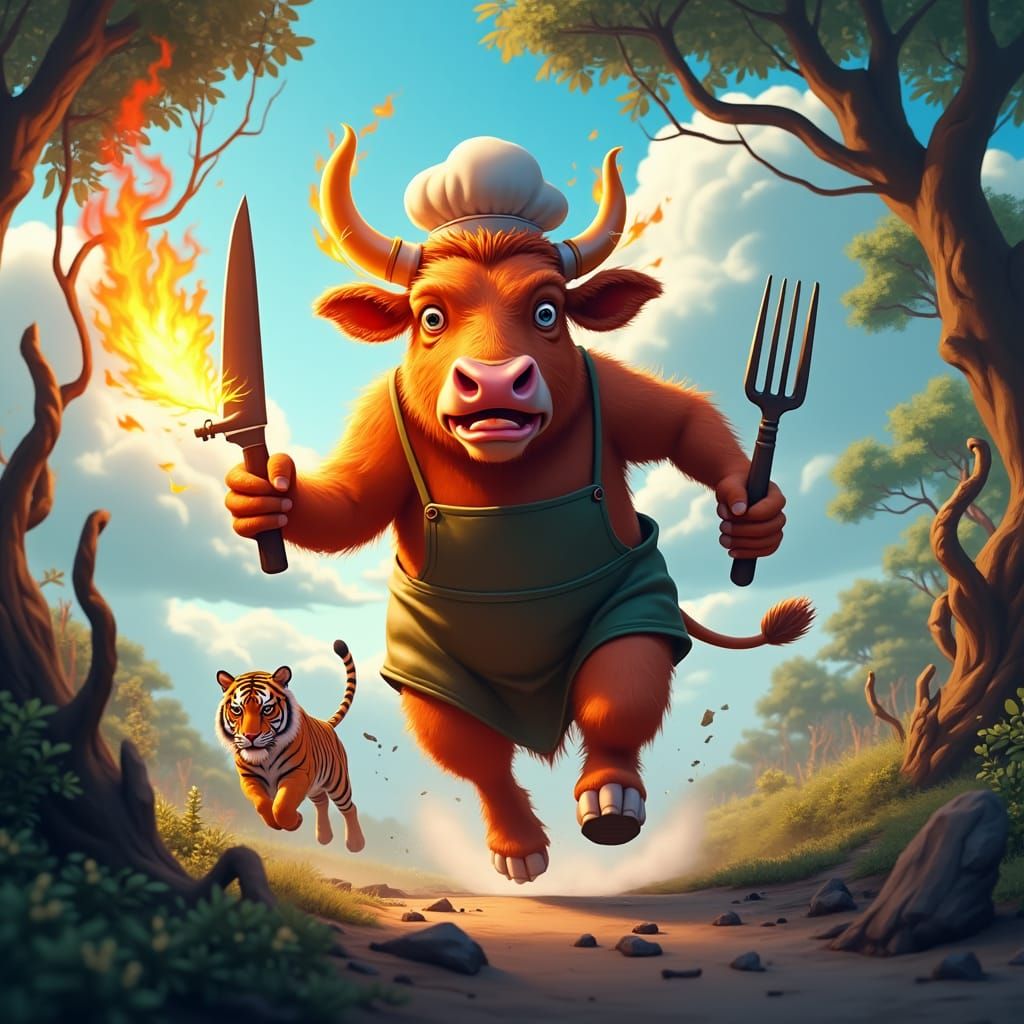 Flame-Grilled Cow Chases Tiger in Surreal Landscape