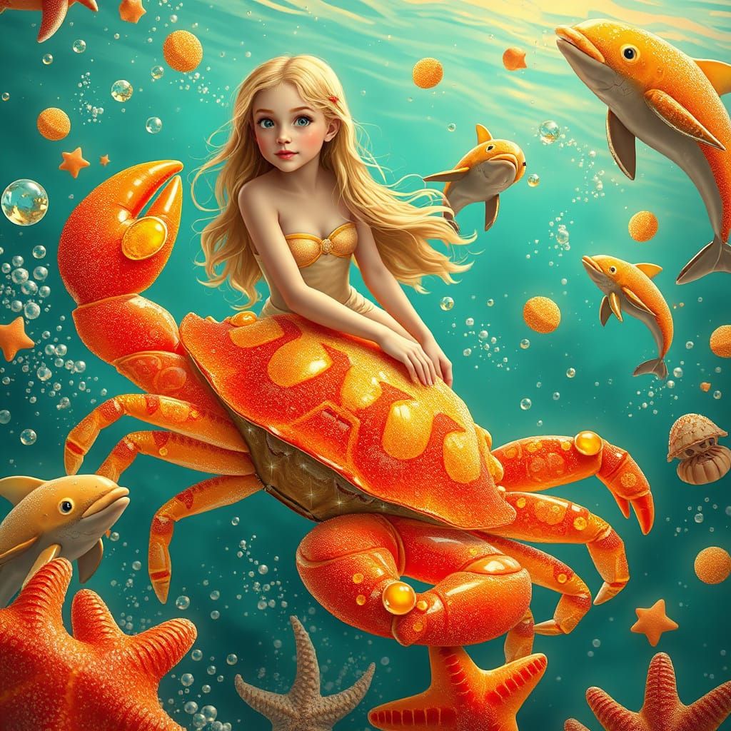 Gummy Crab Rider in a Soda Sea, Dreamlike Digital Art