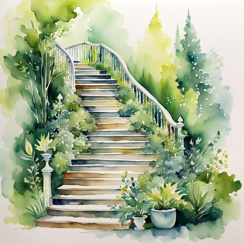 Whimsical Green Stairway: Watercolor Masterpiece