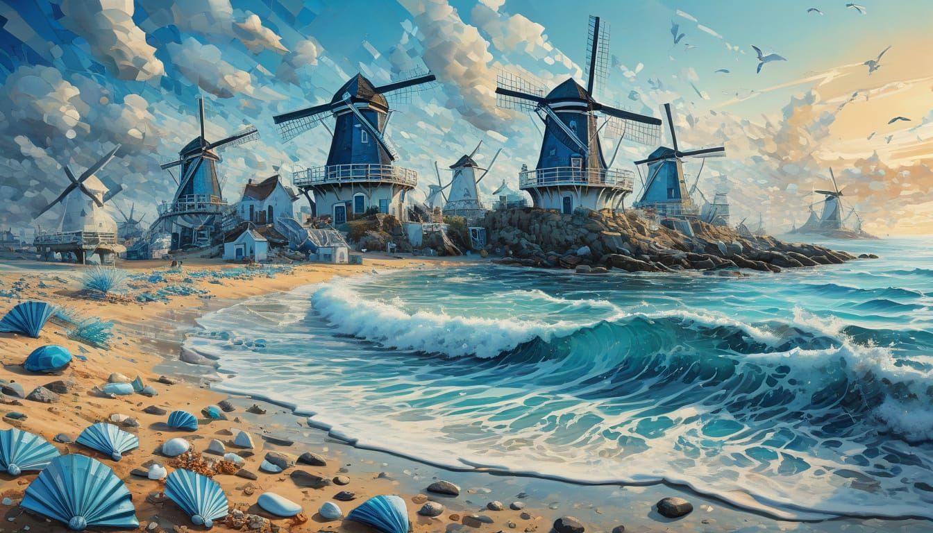Surreal Windmill Landscape with Whimsical Details and Vibran...