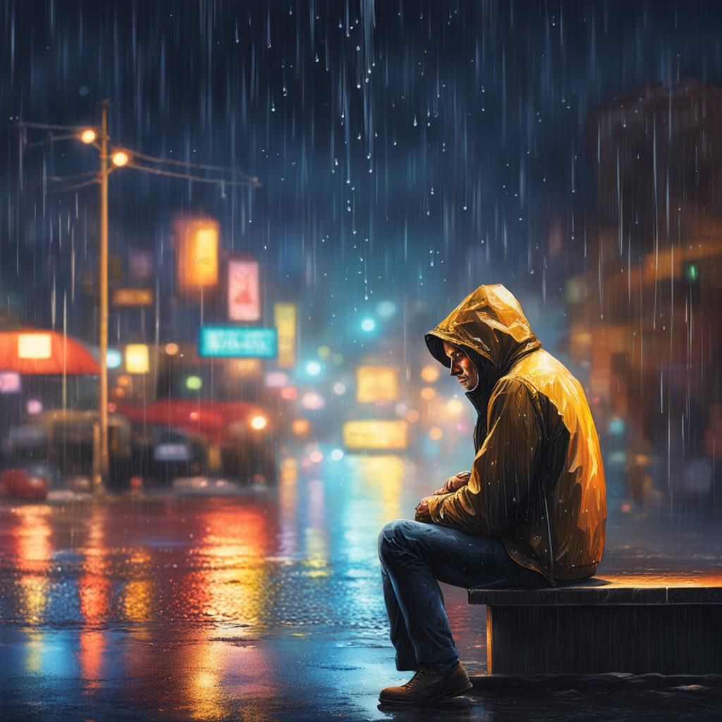 Hyperrealistic Man in Night Rain Splash Art