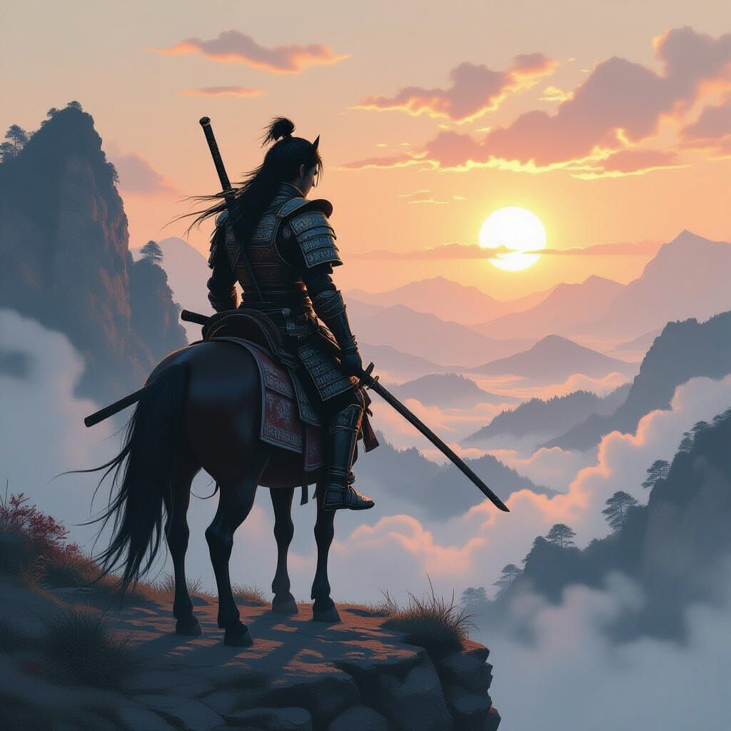 Centaur Samurai Warrior on Misty Japanese Cliff