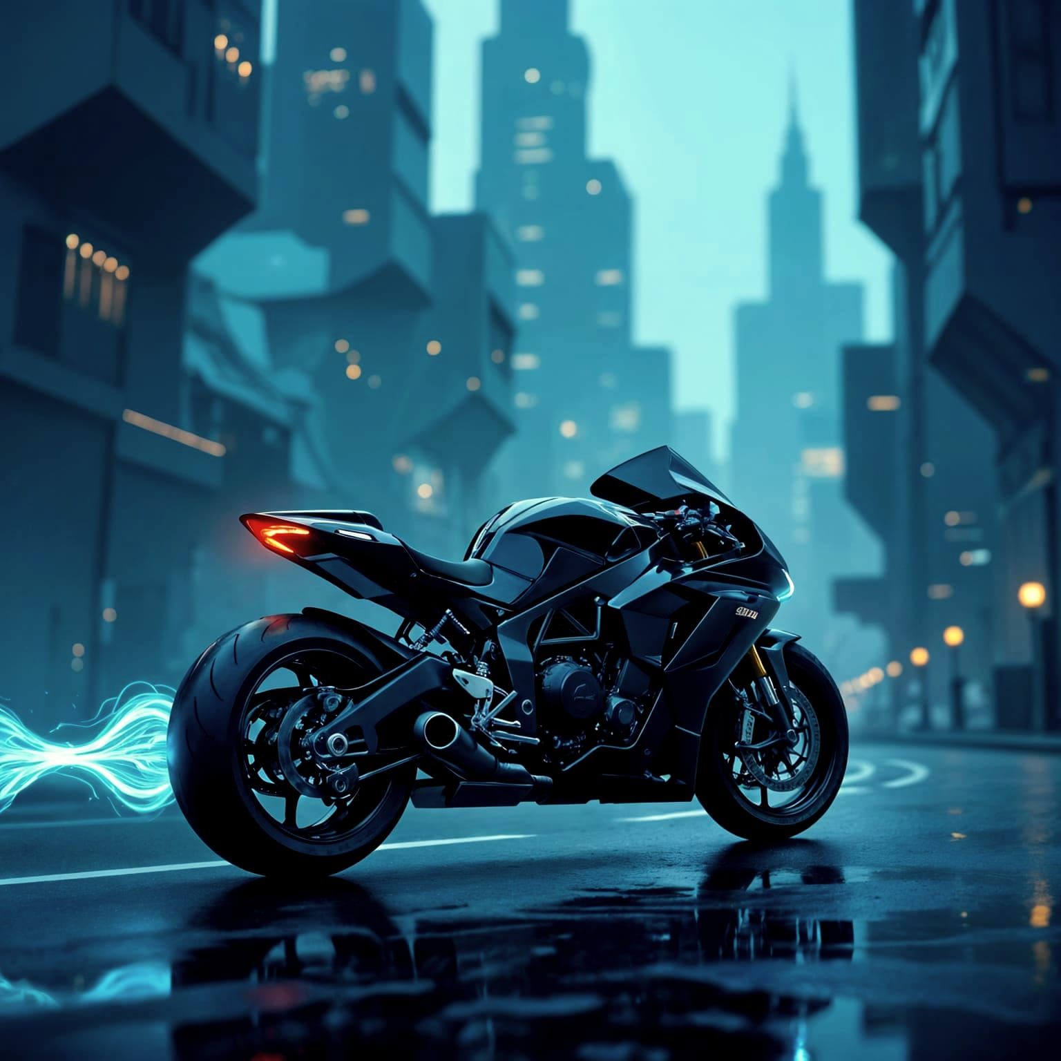 Futuristic Obsidian Motorbike in Surreal Abstract City