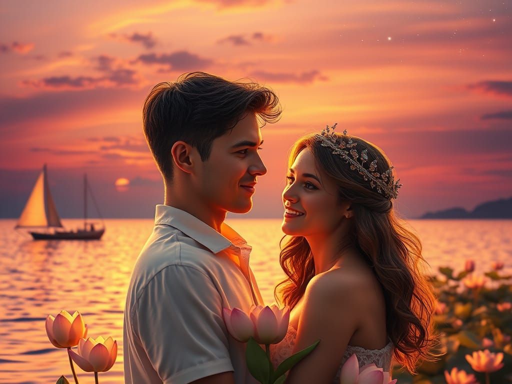 Couple by Sea at Sunset, Romantic Dreamscape