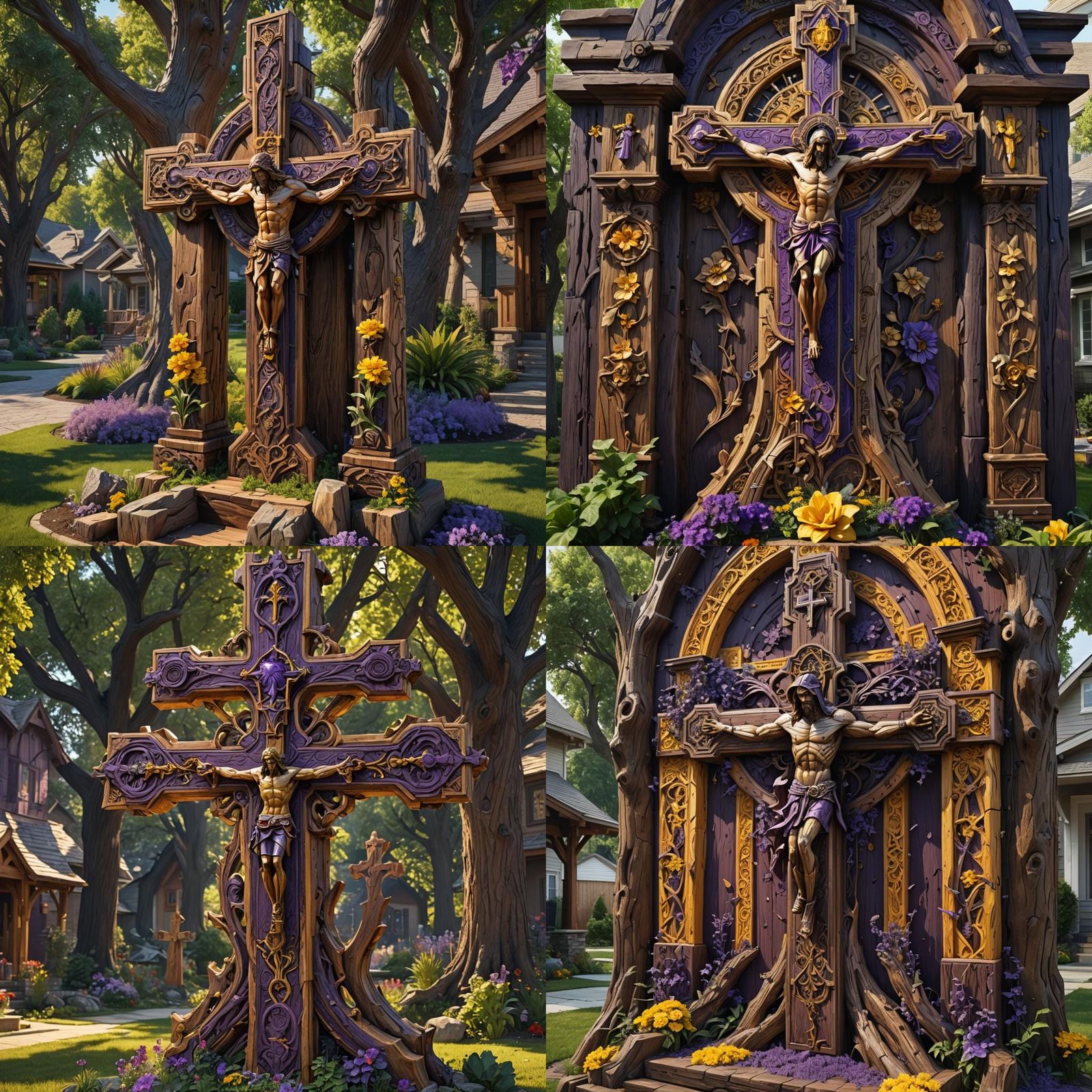 Ornate Wooden Cross Sculpture with Dynamic Lighting