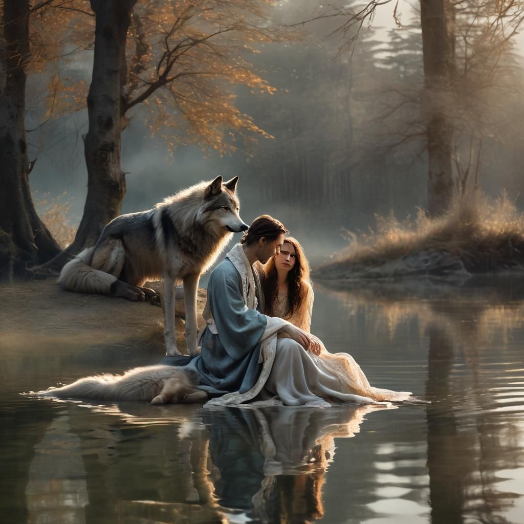 Ethereal Lakeside Contemplation in Mystical Realism