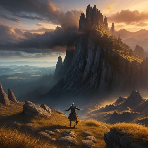 Victorious Sorcerer Overlooks Mystical Fantasy Landscape