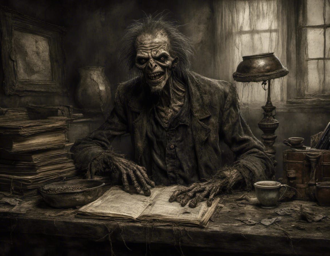 Office Desk with Computer, Keyboard and Tea