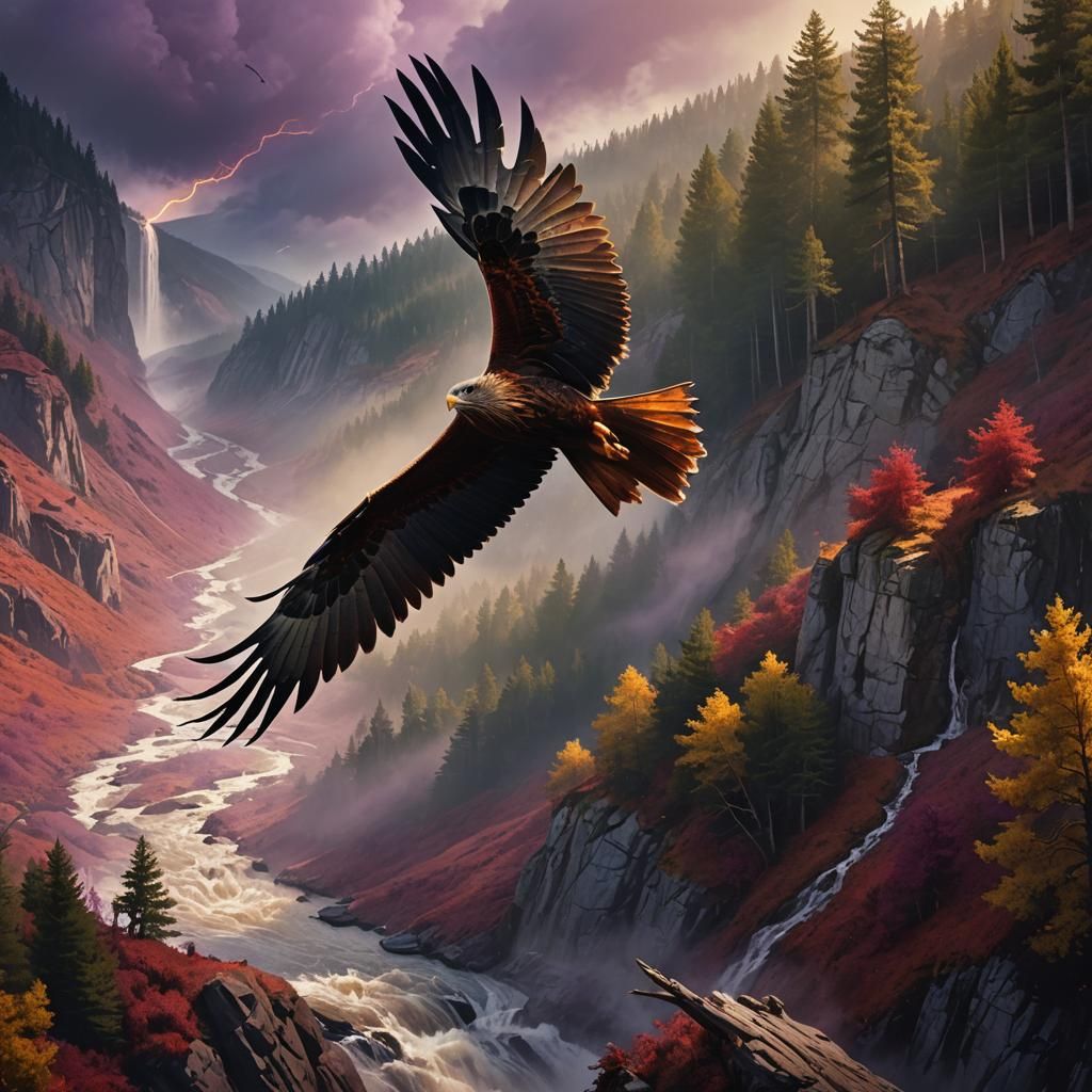 Red Kite Soaring Over Valley: Dark Fantasy Concept Art