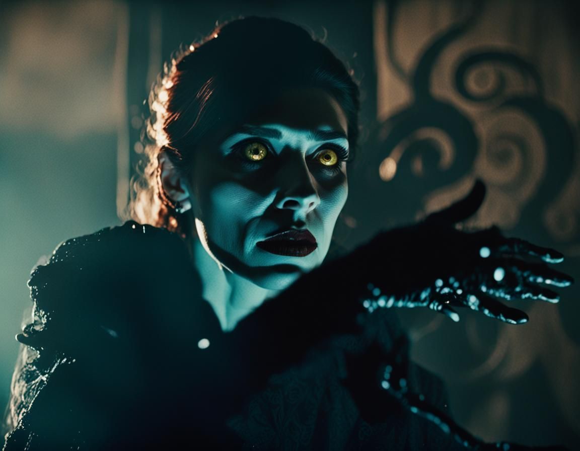 Terrifying Witch Transformation in Film Noir Aesthetic
