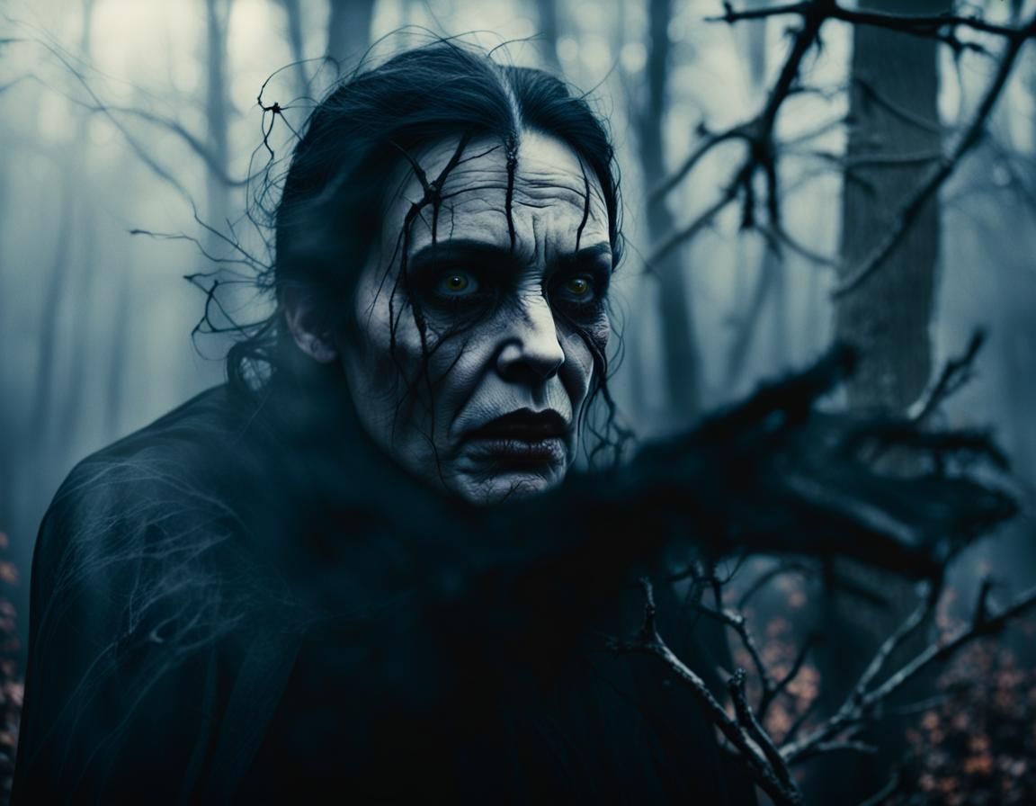 Terrifying Witch Transformation: Cinematic Film Still