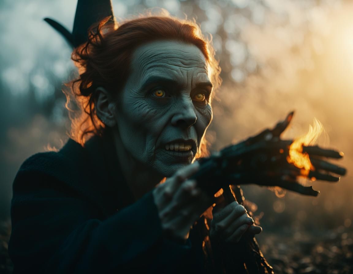 Cinematic Witch Transformation in Gothic Setting