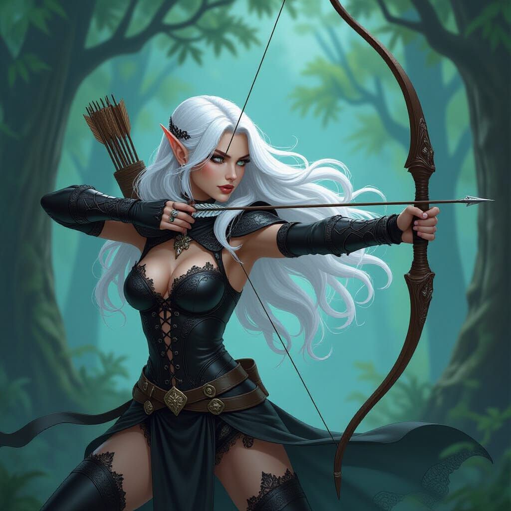 Elegant Elf Warrior Aiming Bow in Mystical Forest