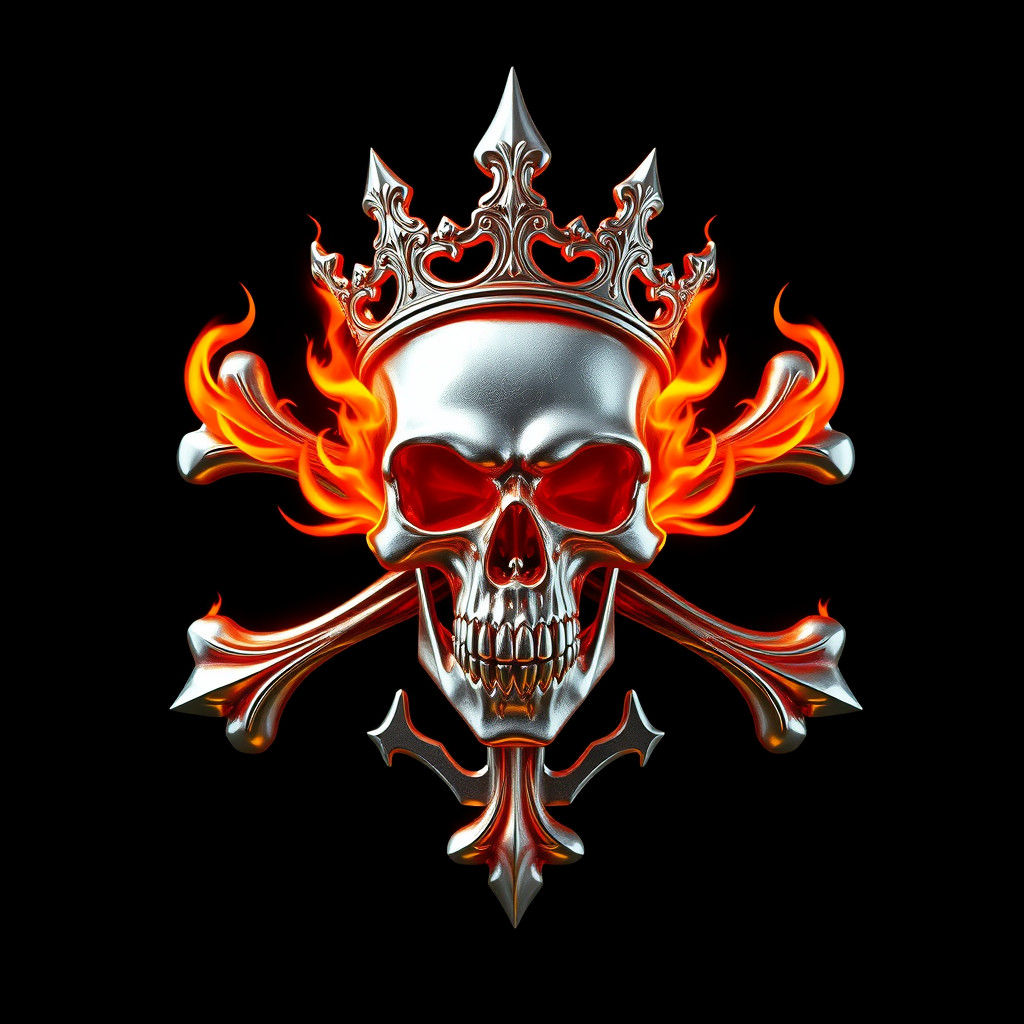 Fiery Skull Emblem with Silver Crossbones in 3D