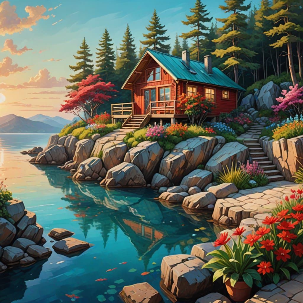 Cozy Wooden Cabin on Rocky Cliff in Golden Hour