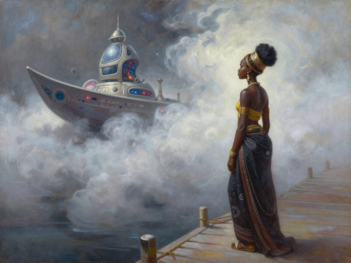 West African Princess Views Afrofuturistic Cosmic Boat