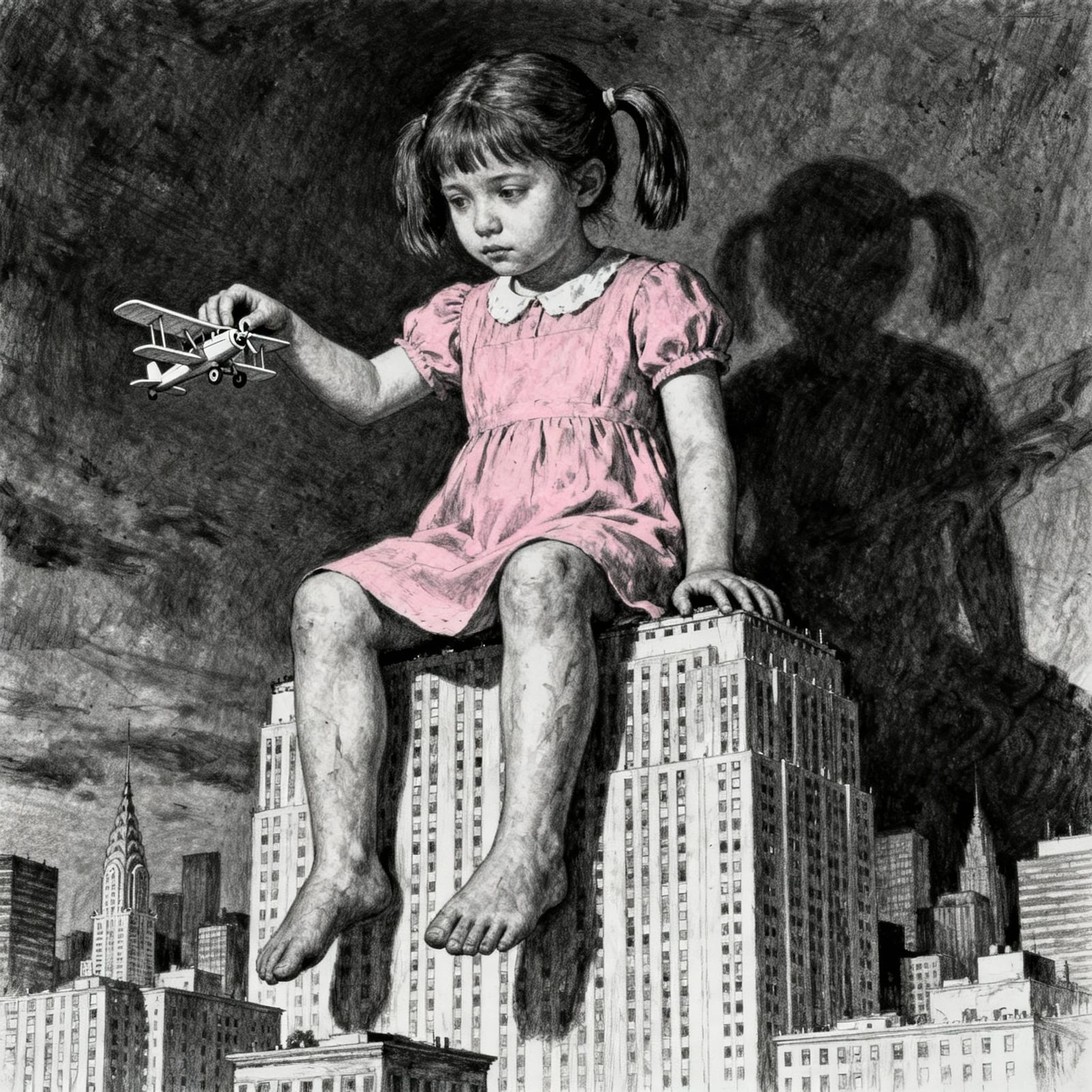 Giant Girl Overlooking Cityscape in Charcoal Style