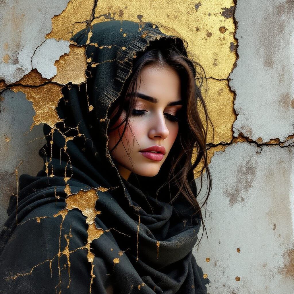 Woman Dissolves Into Textured Wall