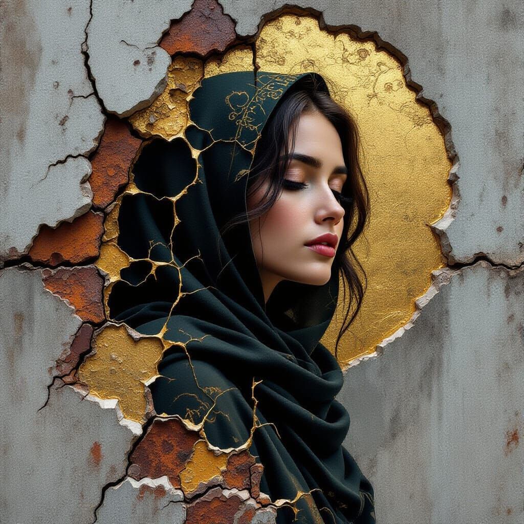 Woman Dissolving into Industrial Wall in Byzantine Mosaic St...