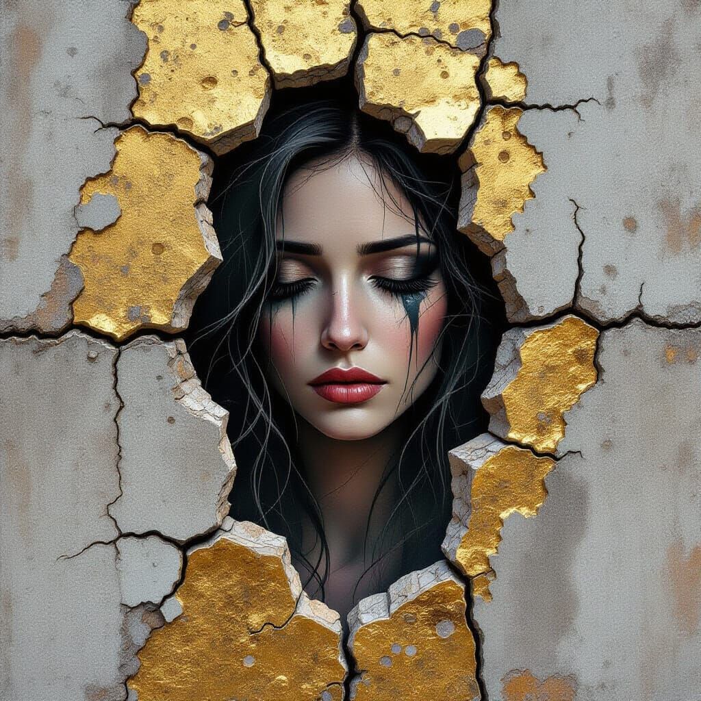 Woman Dissolving into Grimy Concrete Wall Byzantine Mosaic