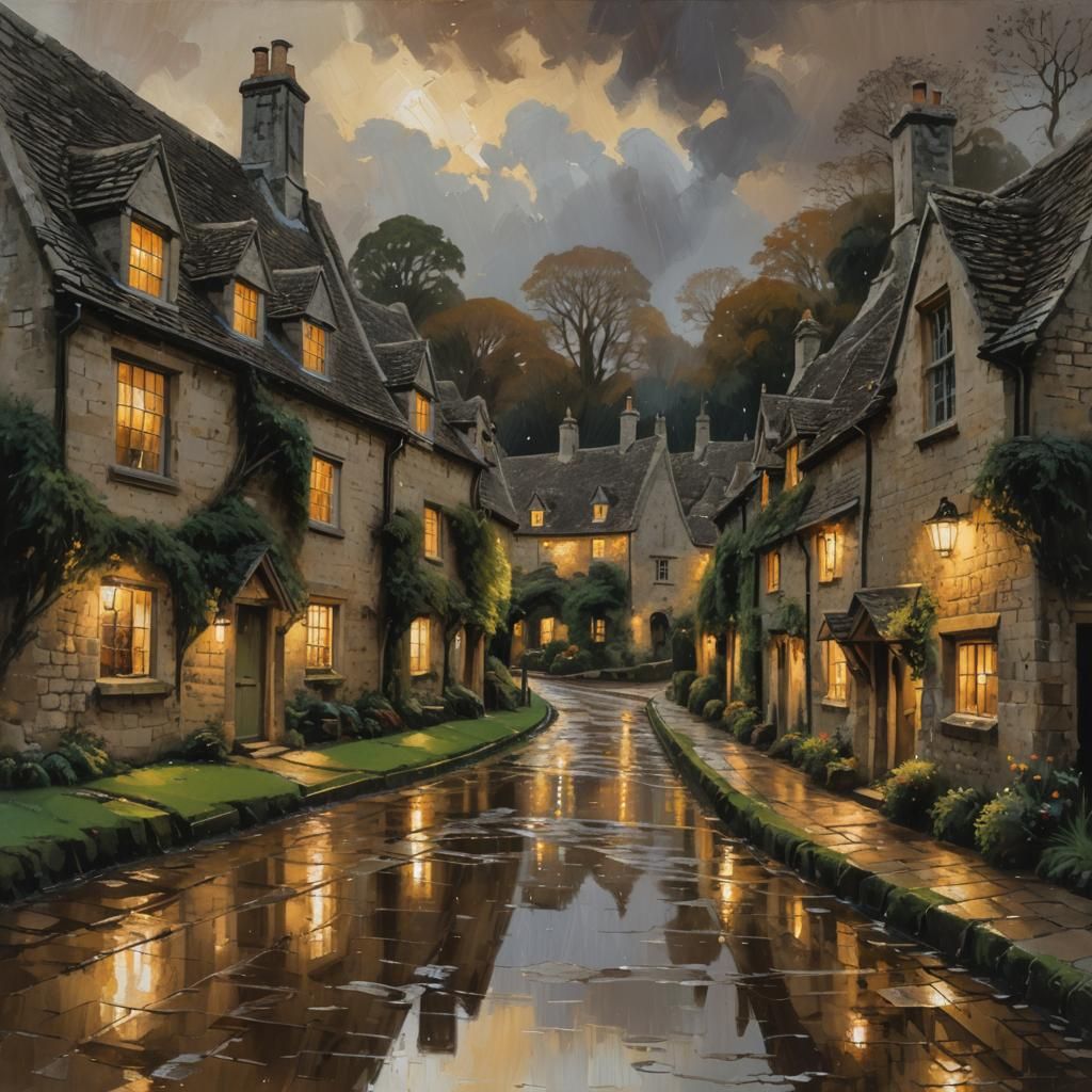 Rainy Day in Bibury Village: An Impressionist Oil Painting