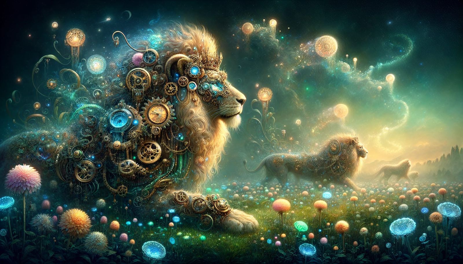 Steampunk Lion in a Luminous Meadow