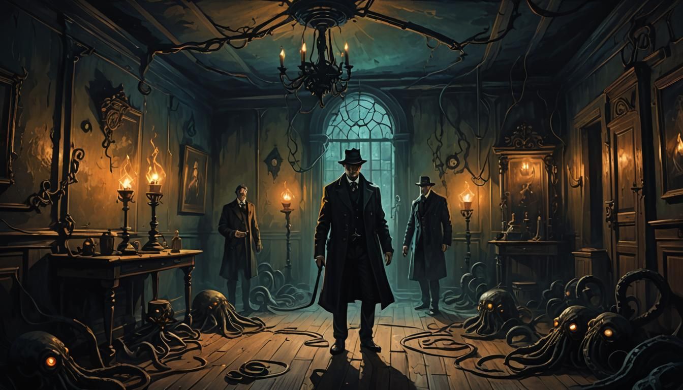 Haunted Manor Exploration in Lovecraftian Gothic Style