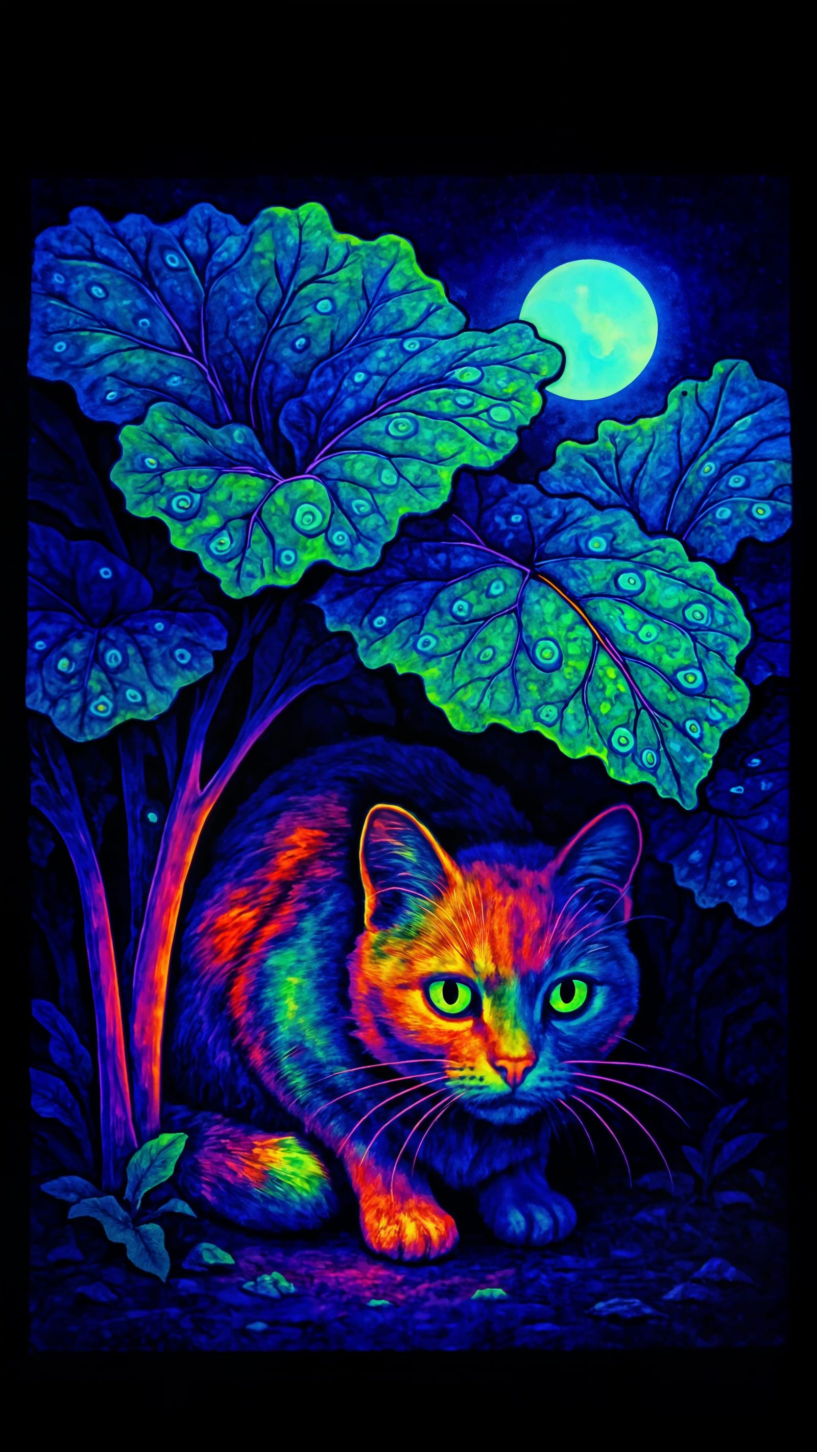 Rainbow Cat Under Rhubarb in Blacklight Poster Style