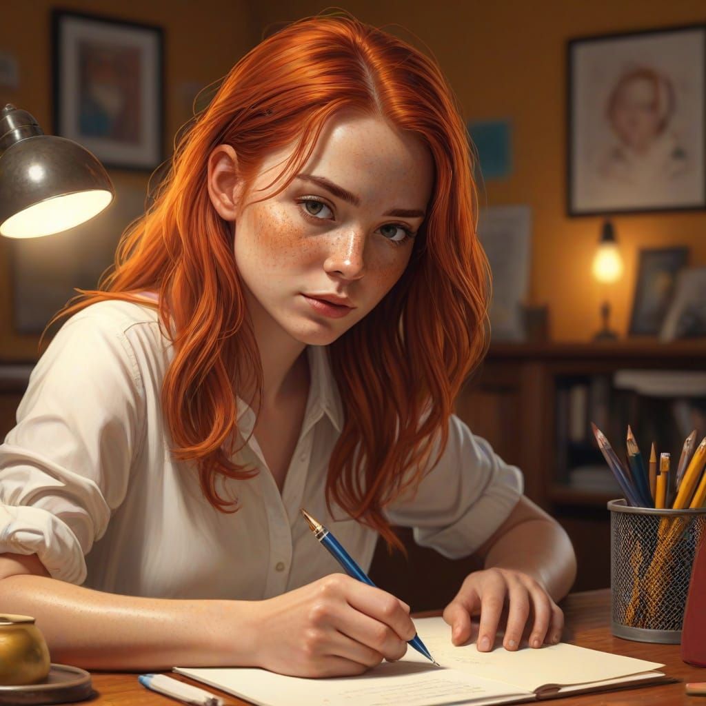 Female Writer with Red Hair as Splash Art