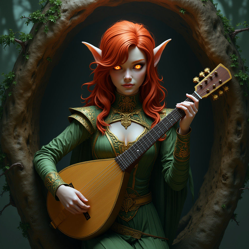 Tiefling Bard Plays Lute in Ethereal Ambiance