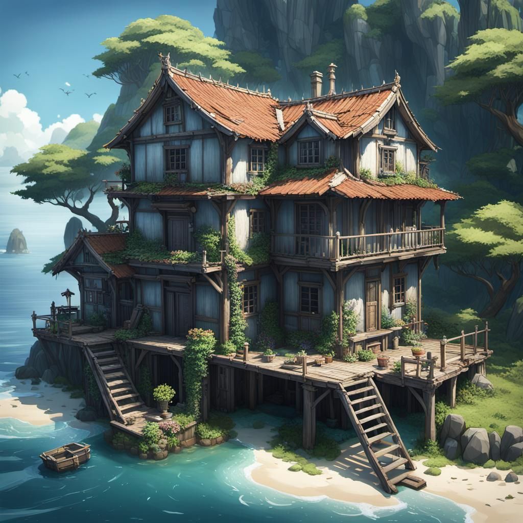 Ocean Island House in 3D Anime Style