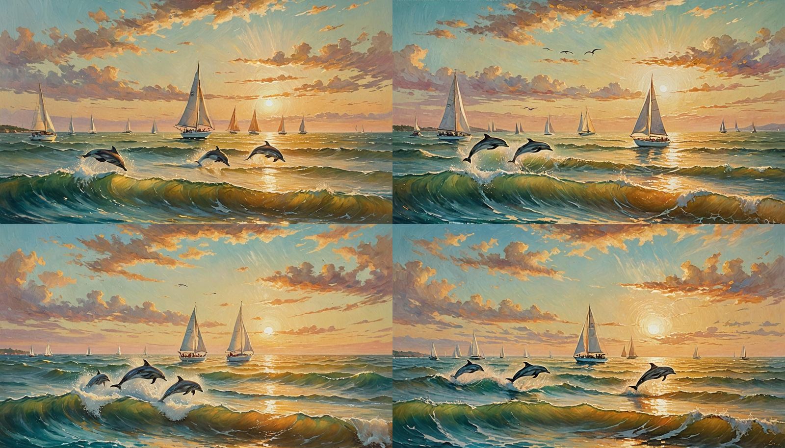 Dolphins Leaping at Sunset: An Impressionist Oil Painting