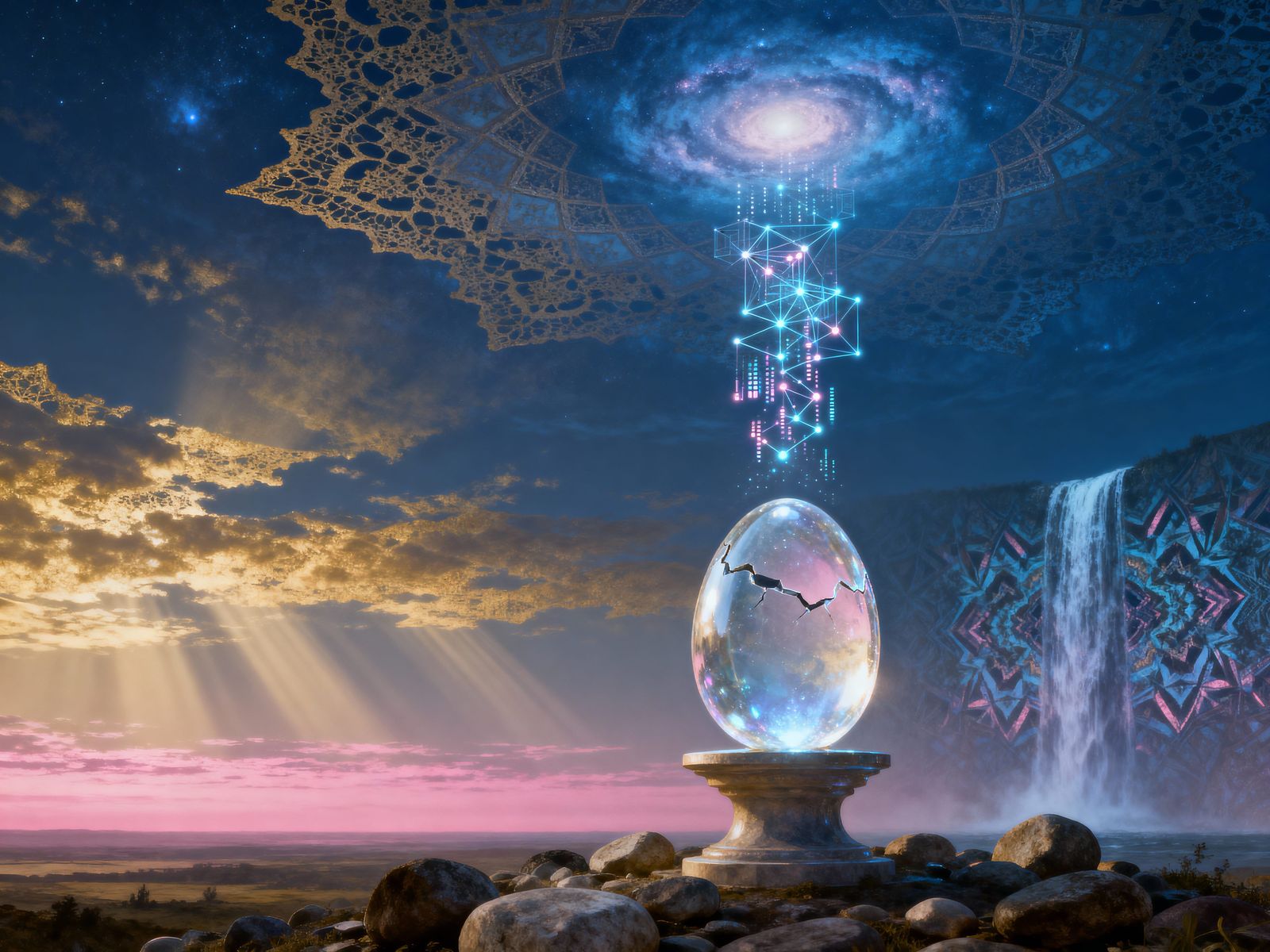 Crystal Egg Releasing Universe in Ethereal Landscape Paintin...