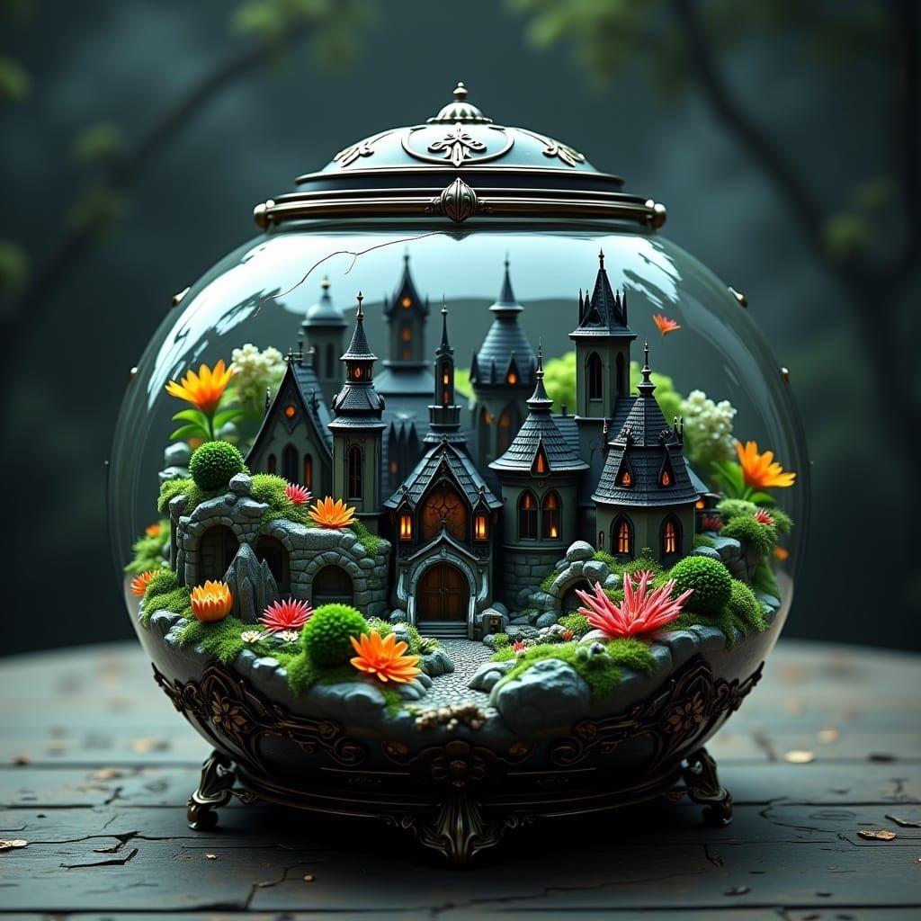 Medieval City in Fishbowl with Forest: Digital Art