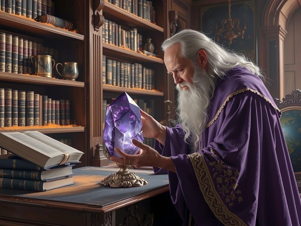 Mystical Wizard Examines Glowing Amethyst in Cozy Study