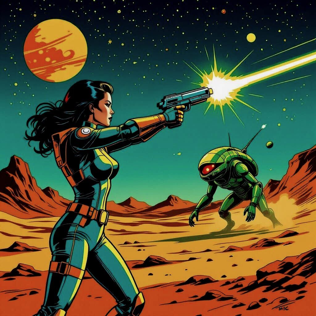 Futuristic Woman Shoots Laser Pistol in Comic Art Style
