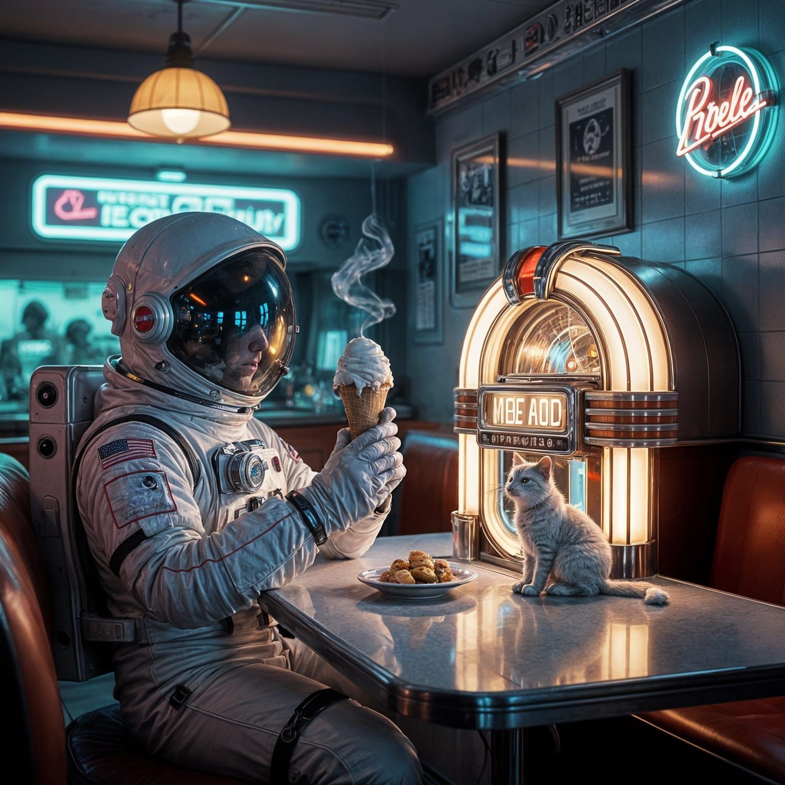 Astronaut in Retro Diner with Melting Ice Cream