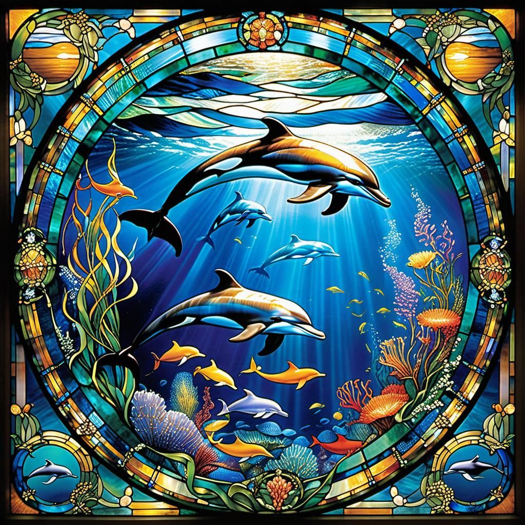 Dolphins in Stained-Glass, Art Nouveau Style