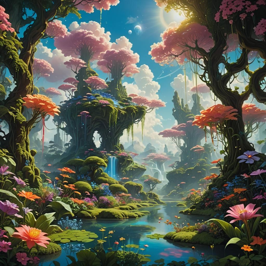 Lush Floating Garden with Ethereal Beings