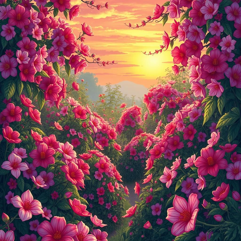 Vibrant Garden at Sunrise in Dreamlike Digital Art