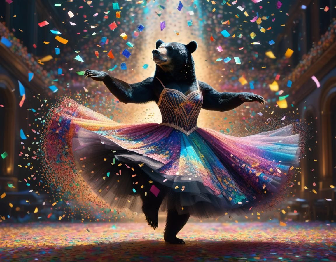 Joyful Black Bear Ballerina in Confetti Dress