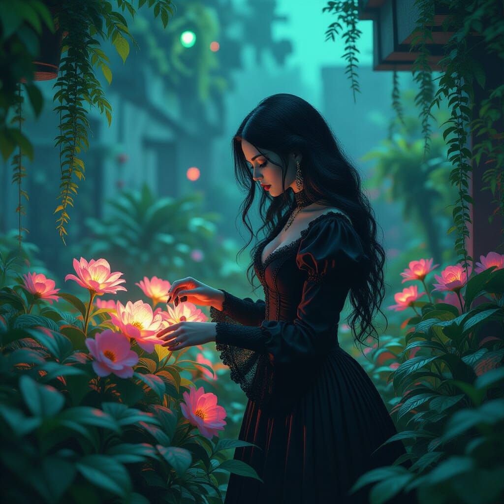 Goth Gardener Tending Bioluminescent Plants in Neon Oasis